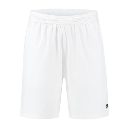 The K-Swiss Hypercourt Men's Tennis Shorts in white come with an elastic waistband and feature a small black logo at the bottom of the right leg. Made from lightweight, breathable fabric, they are perfect for performance wear, ideal for tennis or casual occasions.