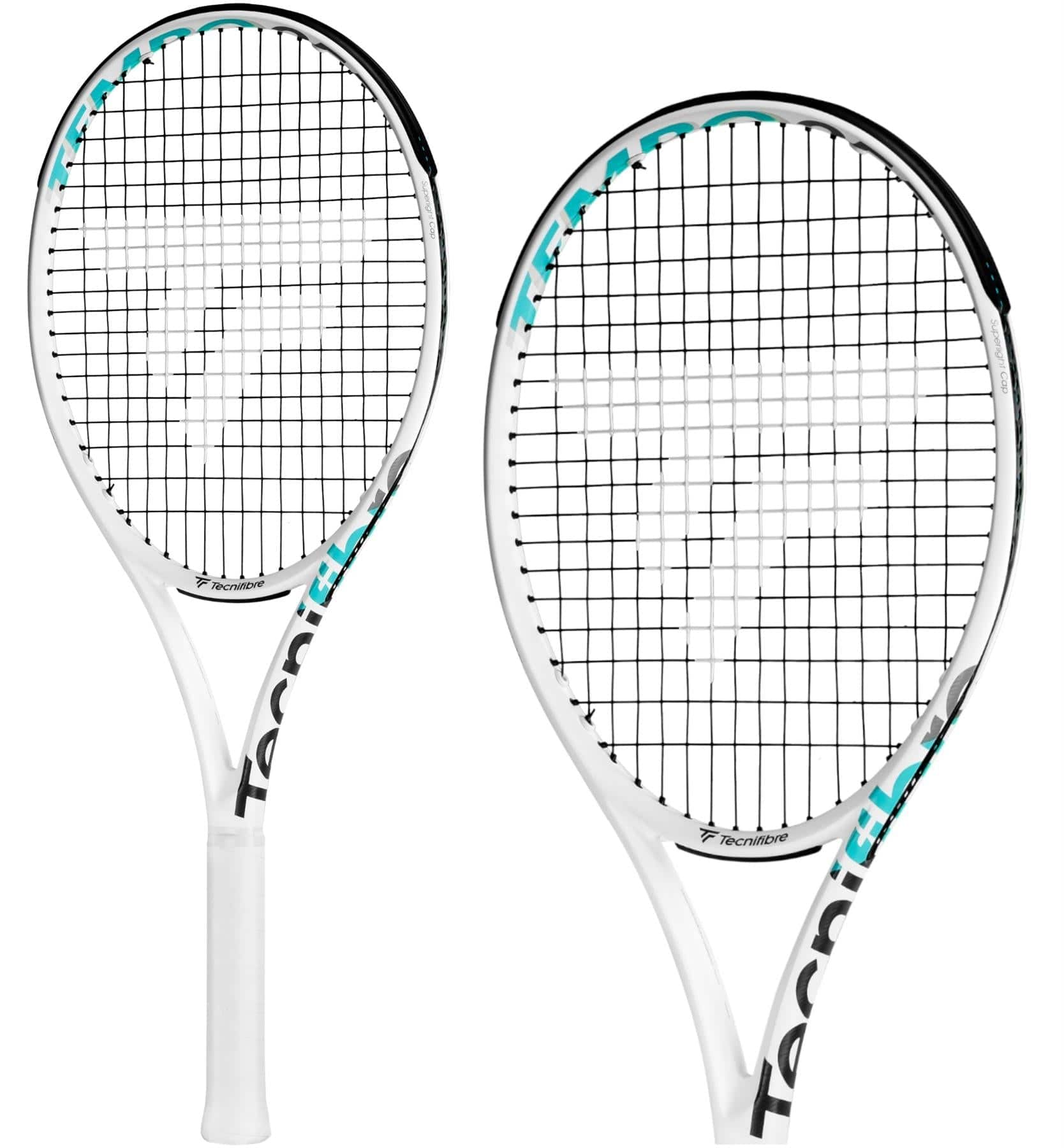 The Tecnifibre Tempo 255 Tennis Racket - White, in a set of two, highlights its lightweight design with black strings and turquoise accents. This racket features Isoflex technology, with the brand name and logo displayed prominently in bold black and turquoise on a clean white frame.