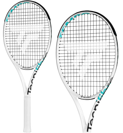 The Tecnifibre Tempo 255 Tennis Racket - White, in a set of two, highlights its lightweight design with black strings and turquoise accents. This racket features Isoflex technology, with the brand name and logo displayed prominently in bold black and turquoise on a clean white frame.