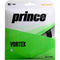 A package of Prince Vortex Black String Set, ideal for intermediate-level players, displays "16 gauge, 1.30mm, maximum spin & control" on the top right and "40ft 12.2 meters" on the bottom. Part of the black string is visible through a cutout in the packaging.