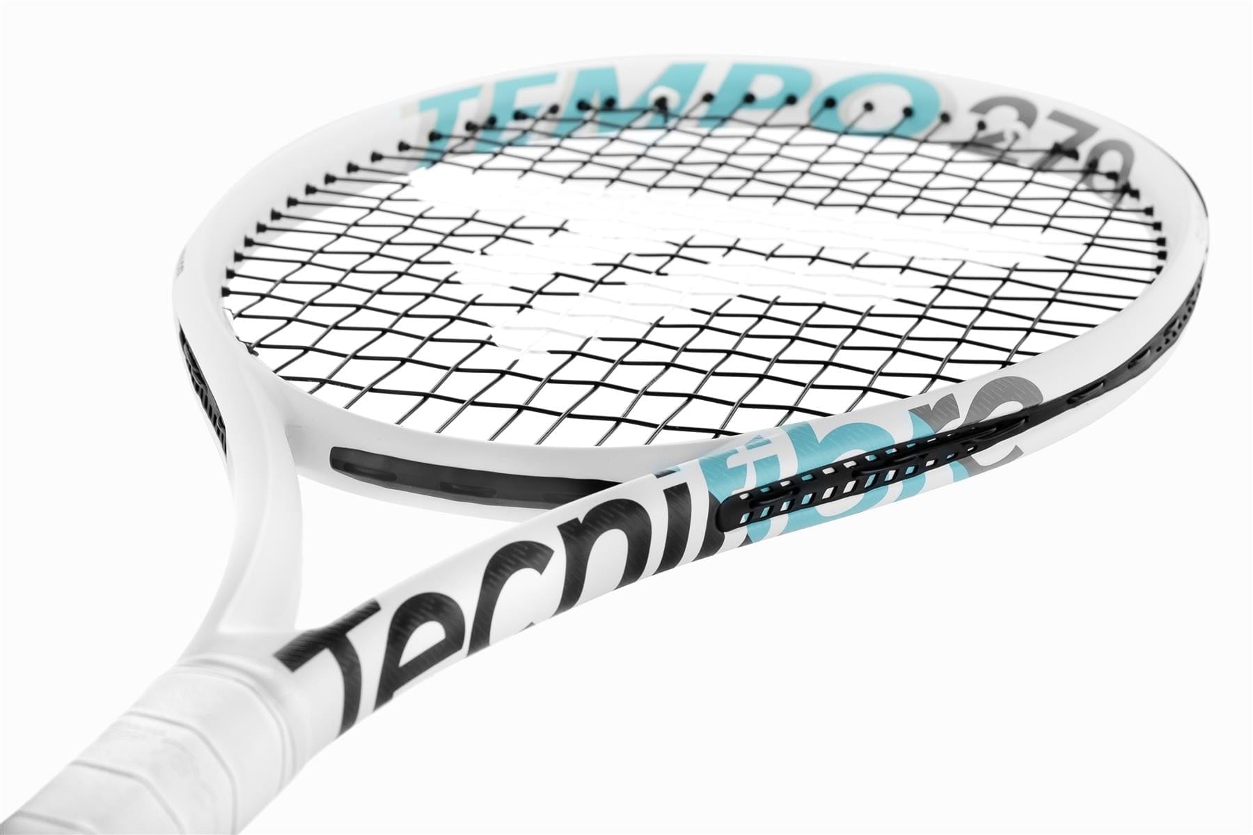 A close-up of the Tecnifibre Tempo 270 Tennis Racket - White (Frame Only), highlighting its lightweight design and Isoflex technology.