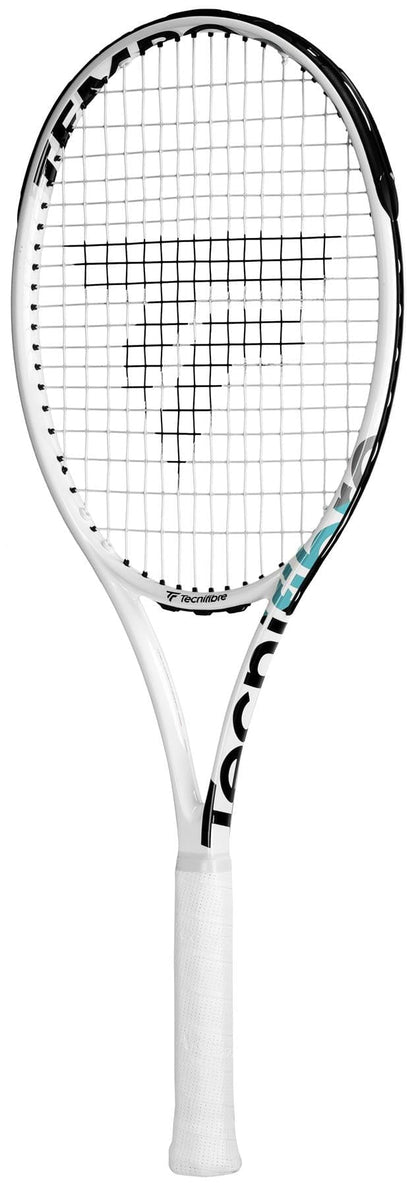 The Tecnifibre Tempo 298 Tennis Racket, branded by Tecnifibre, is crafted from graphite and offers a perfect balance of power and control. It showcases a striking black and turquoise design on the head, with the "Tecnifibre" brand name clearly visible on both the handle and frame. Against a pristine white background, this white tennis racket is elegantly displayed in an upright position.