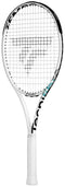 The Tecnifibre Tempo 298 Tennis Racket, branded by Tecnifibre, is crafted from graphite and offers a perfect balance of power and control. It showcases a striking black and turquoise design on the head, with the "Tecnifibre" brand name clearly visible on both the handle and frame. Against a pristine white background, this white tennis racket is elegantly displayed in an upright position.