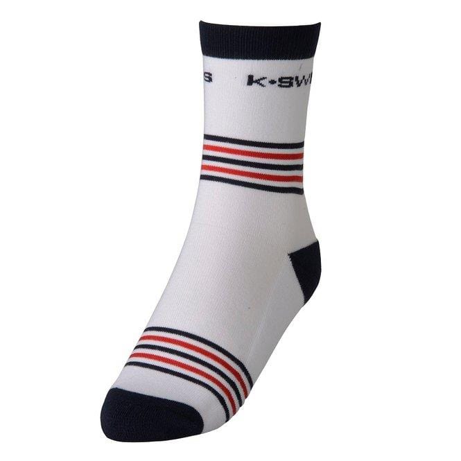 The K-Swiss TAC Heritage Duo Sports Socks in White Navy are designed with black toe and heel sections, accented by two horizontal stripes in red and black around the ankle. These socks excel in moisture absorption and feature "K-Swiss" displayed near the top cuff.