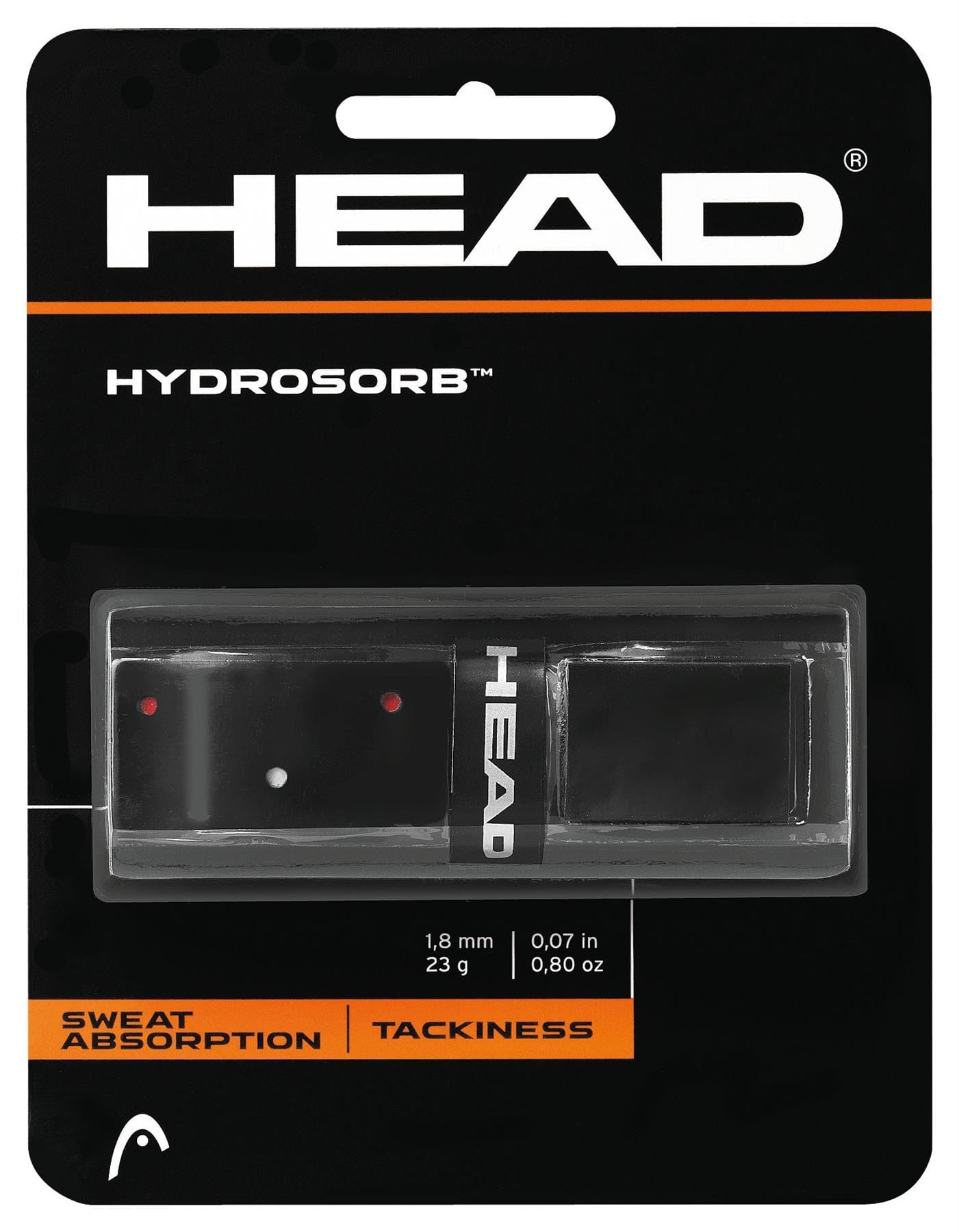 The HEAD HydroSorb Replacement Tennis Grip in Black/Red is presented in a blister pack featuring the brand's prominent logo. It offers excellent sweat absorption and tackiness, providing players with a secure grip during intense matches.
