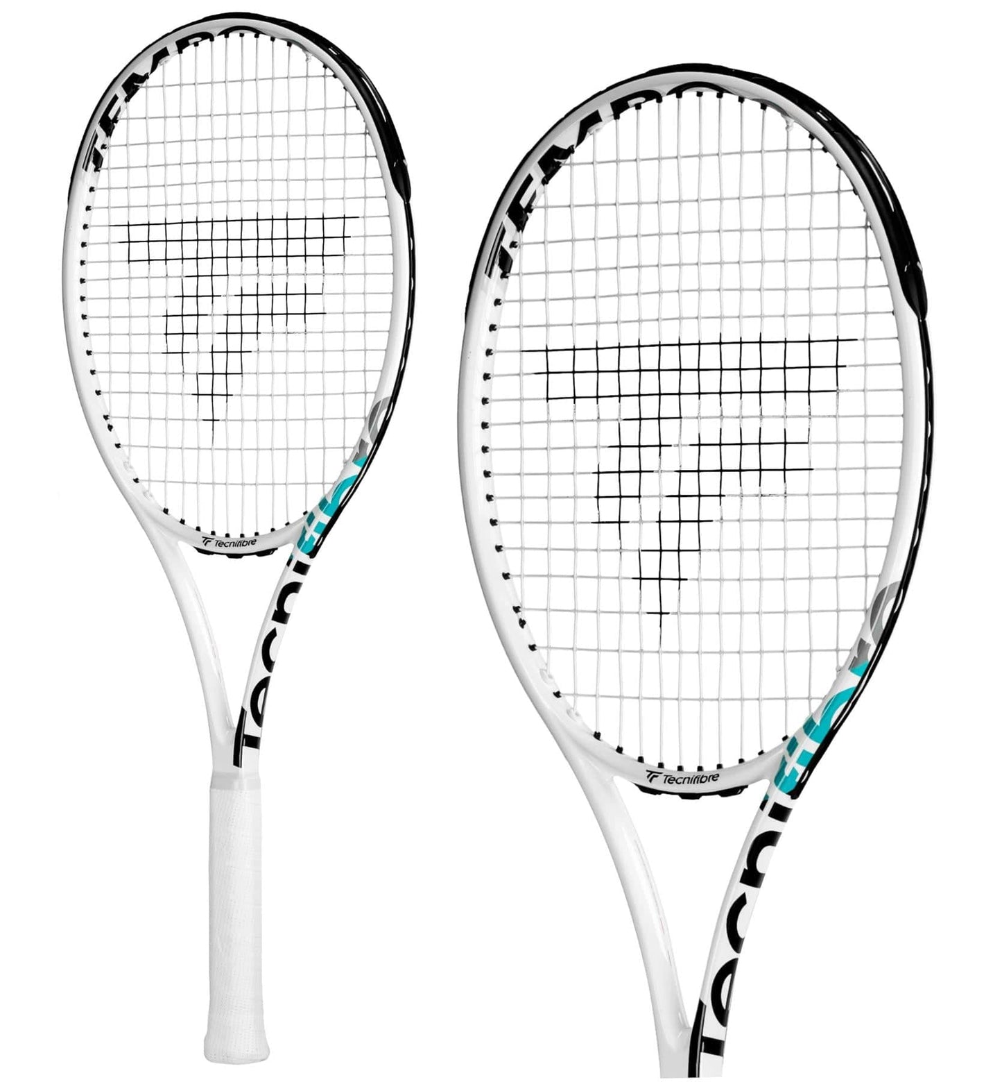 Two Tecnifibre Tempo 298 Tennis Rackets - White are showcased against a plain white background. The glossy frames feature black and teal accents, offering an ideal combination of power and control, complemented by sleek white grips.