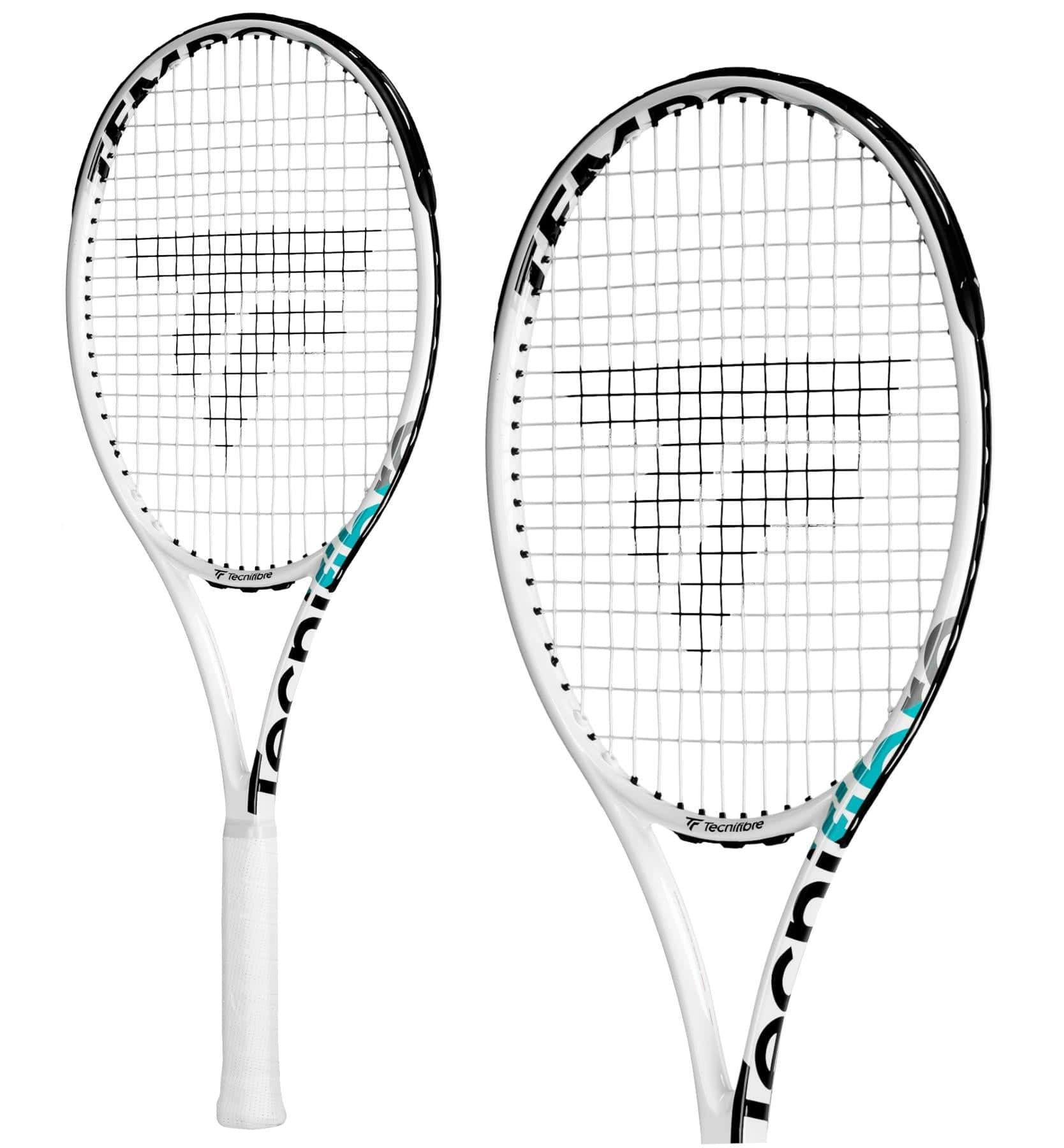 Two Tecnifibre Tempo 298 Tennis Rackets - White are showcased against a plain white background. The glossy frames feature black and teal accents, offering an ideal combination of power and control, complemented by sleek white grips.