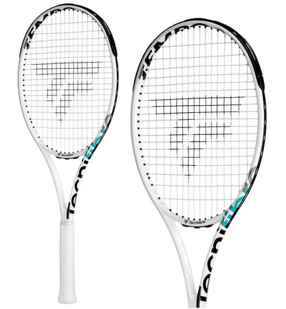 Two Tecnifibre Tempo 298 Tennis Rackets - White are showcased against a plain white background. The glossy frames feature black and teal accents, offering an ideal combination of power and control, complemented by sleek white grips.