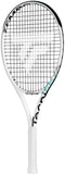The Tecnifibre Tempo 275 Tennis Racket for women exhibits a contemporary white design. Its frame and strings prominently display the "Tecnifibre" brand name, and it includes the Tempo System for enhanced performance. The grip is elegantly wrapped in white tape, standing vertically against a pristine background.