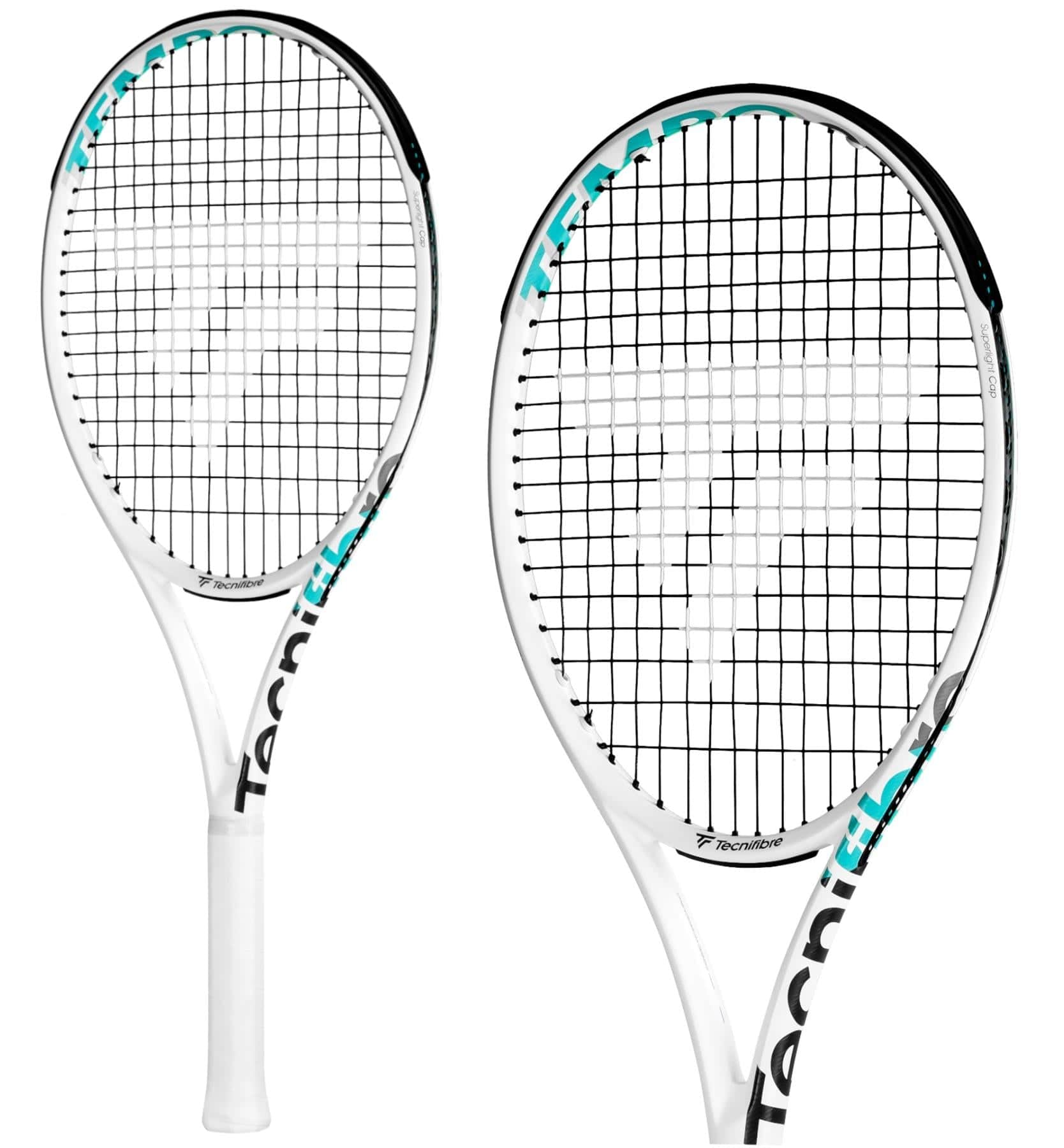 Two Tecnifibre Tempo 270 tennis rackets, featuring a lightweight design and equipped with Isoflex technology, display their white frames and black strings. The brand logo is prominently positioned on both the strings and handle, set against a pristine white background at various angles.