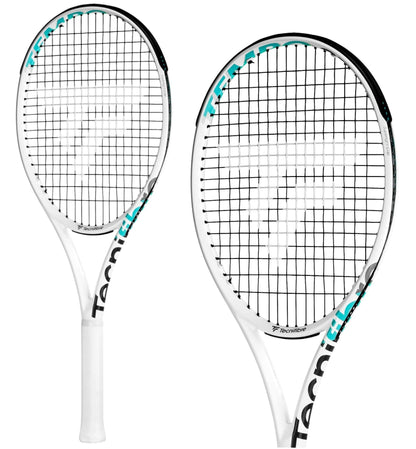 Two Tecnifibre Tempo 270 tennis rackets, featuring a lightweight design and equipped with Isoflex technology, display their white frames and black strings. The brand logo is prominently positioned on both the strings and handle, set against a pristine white background at various angles.