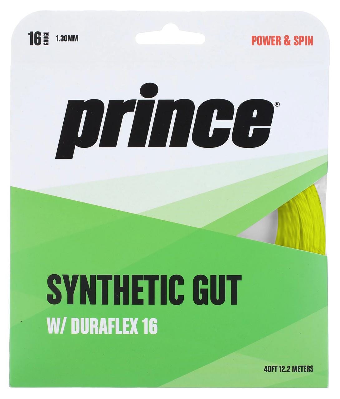 The packaging for the Prince Synthetic Gut Duraflex Yellow String Set from Prince features the phrases "Power & Spin" and "Comfort & Durability." Using a green and white color scheme, it showcases the string's color as yellow along with its specifications: 1.30mm gauge and 40 feet/12.2 meters in length.