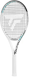 The Tecnifibre Tempo 255 Tennis Racket - White is a lightweight option featuring Isoflex technology. This racket, adorned in white with black and teal accents, prominently displays the "Tecnifibre" branding on the neck. It has strings arranged in a precise grid pattern and is complemented by a sleek white grip.