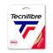 A set of Tecnifibre Triax 12m tennis string in natural color boasts TRIAX technology, combining co-polyester fibers with the distinct blue and red 'T' emblem. The packaging prominently features "MFP Fusion" and "Multifilament Poly-Fusion" against a bold white and red background.