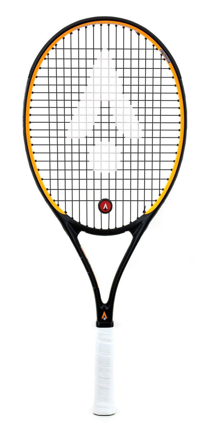 The Karakal Pro Composite 26 Junior Tennis Racket from Karakal comes in black and yellow, made from graphite composite. It boasts a patterned string design with a white logo at the center and features a handle wrapped in white grip tape. Positioned vertically against a white background, this racket provides excellent power control for young players.