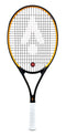 The Karakal Pro Composite 26 Junior Tennis Racket from Karakal comes in black and yellow, made from graphite composite. It boasts a patterned string design with a white logo at the center and features a handle wrapped in white grip tape. Positioned vertically against a white background, this racket provides excellent power control for young players.