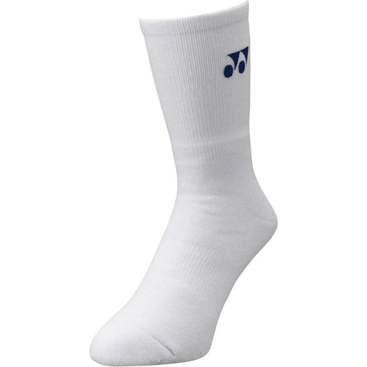 Introducing the Yonex 19120YX 3D ERGO Crew White Socks: A single athletic sock featuring a stylish blue logo near the top, set against a plain background. With its ergonomic design, this crew-length sock provides exceptional cushioning and a ribbed texture around the ankle area for maximum comfort.