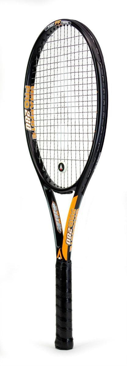 The Karakal Graphite Pro 280 Tennis Racket is a lightweight masterpiece, combining black and yellow elements with white strings. Featuring the "PRO 280" model on its frame and enhanced with Fast Fibre Nano Graphite Gel, this sleek racket boasts a black-taped grip and is set against a plain white backdrop.