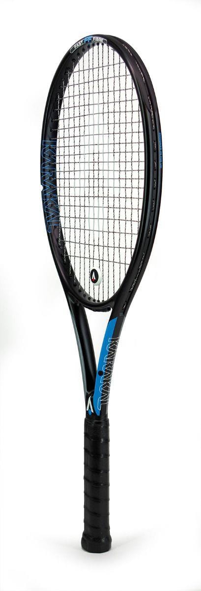 A black and blue tennis racket with a sleek design, featuring tightly strung white strings. The Karakal Graphite Lite 260’s brand logo is prominently displayed on the strings and shaft against a plain white background.
