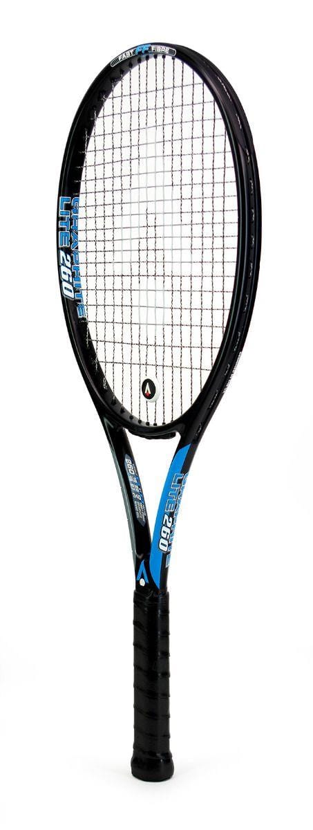 The Karakal Graphite Lite 260 Tennis Racket in black and blue, featuring a black grip and strings, is made with Fast Fibre Nano Graphite Gel to boost performance and is displayed on a white background.