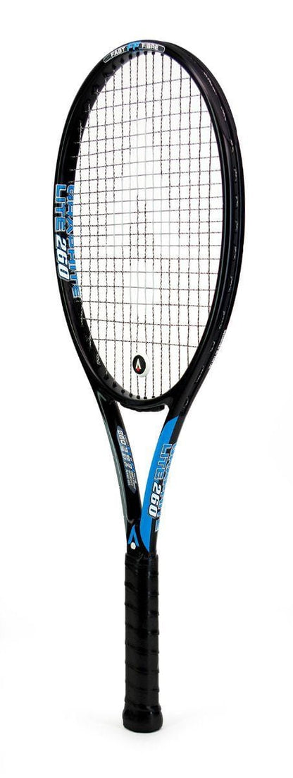 The Karakal Graphite Lite 260 Tennis Racket in black and blue, featuring a black grip and strings, is made with Fast Fibre Nano Graphite Gel to boost performance and is displayed on a white background.