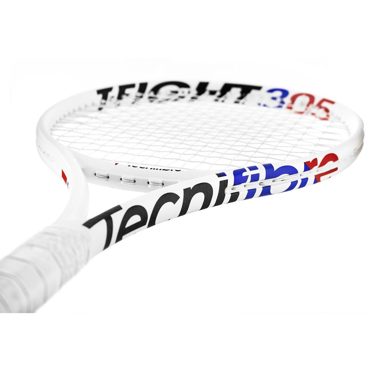 A close-up view of the Tecnifibre T-Fight 305 Isoflex tennis racket showcases its sleek white frame, featuring "Tecnifibre" branding in bold black and blue letters. The number "305" prominently appears near the top edge, highlighted in red and blue. The racket's strings are clearly visible, while its handle is equipped with a white grip designed for dynamic control with every swing.