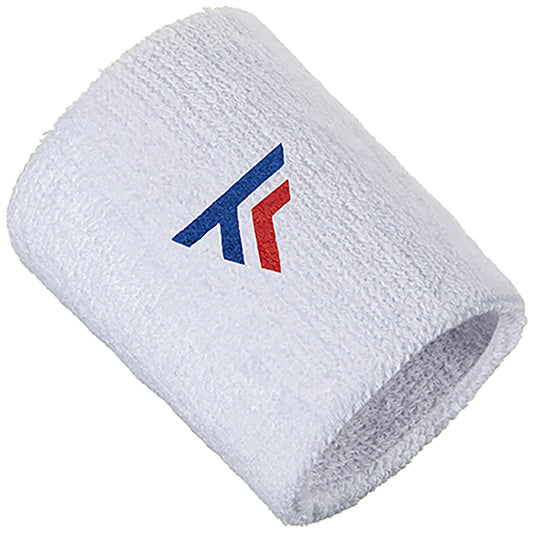 The Tecnifibre Tennis Wristband Sweatband XL - White is perfect for sports enthusiasts, showcasing a subtle logo of overlapping red and blue arrows. Stay dry with Tecnifibre's innovative design.