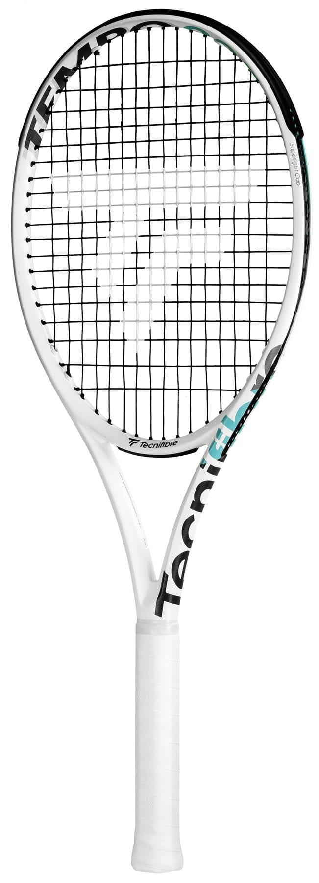The Tecnifibre Tempo 285 Tennis Racket - White (Frame Only) is a sleek performance racket crafted from graphite, incorporating Isoflex technology. It features black strings, a white handle with grip tape, and the Tecnifibre brand name prominently displayed in black on the frame. A subtle touch of green near the top edge enhances its stylish design.
