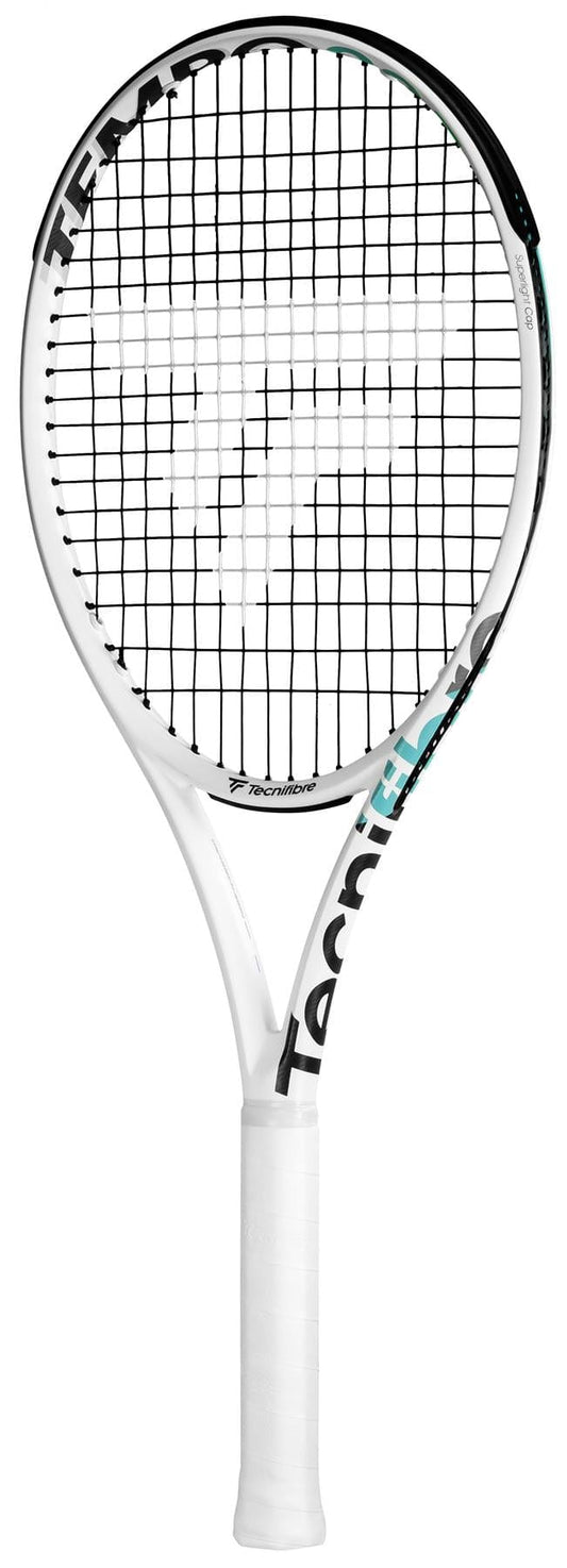 The Tecnifibre Tempo 285 Tennis Racket - White (Frame Only) is a sleek performance racket crafted from graphite, incorporating Isoflex technology. It features black strings, a white handle with grip tape, and the Tecnifibre brand name prominently displayed in black on the frame. A subtle touch of green near the top edge enhances its stylish design.