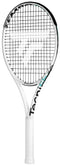 The Tecnifibre Tempo 285 Tennis Racket - White (Frame Only) is a sleek performance racket crafted from graphite, incorporating Isoflex technology. It features black strings, a white handle with grip tape, and the Tecnifibre brand name prominently displayed in black on the frame. A subtle touch of green near the top edge enhances its stylish design.