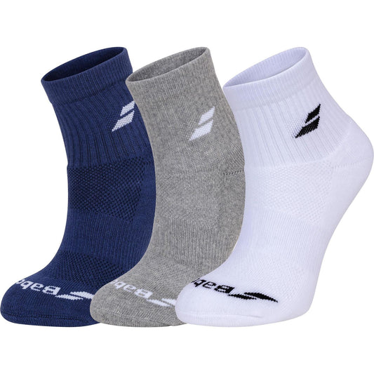 The Babolat Quarter Socks 3 Pack in white, blue, and grey offers optimal comfort, featuring a subtle logo near the top and across the toe of each pair. Designed for breathability, these socks are displayed upright side by side.
