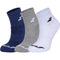 The Babolat Quarter Socks 3 Pack in white, blue, and grey offers optimal comfort, featuring a subtle logo near the top and across the toe of each pair. Designed for breathability, these socks are displayed upright side by side.