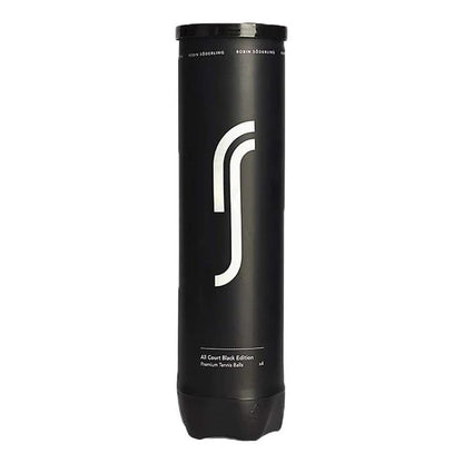 A cylindrical black tube of Robin Soderling RS Black Edition Tennis Balls features a sleek white logo and text, proclaiming "All Court Black Edition Premium Tennis Balls" by Robin Soderling, the official tennis ball supplier for ATP event tennis balls.