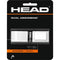 A package of HEAD Dual Absorbing Replacement Tennis Grip in white, made from a soft rubber composite, is displayed. The packaging features black colors with white and orange accents that prominently display the HEAD brand logo. Product details include dimensions and weight, emphasizing its tacky tennis grip for improved touch.
