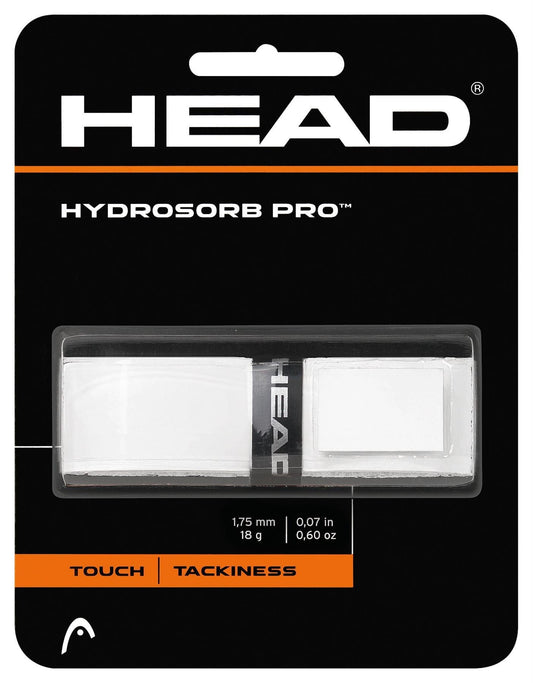 The premium HEAD HydroSorb Pro Replacement Tennis Grip packaging highlights a white tennis handle grip, with the text "Touch" and "Tackiness" prominently displayed on an orange stripe at the bottom.