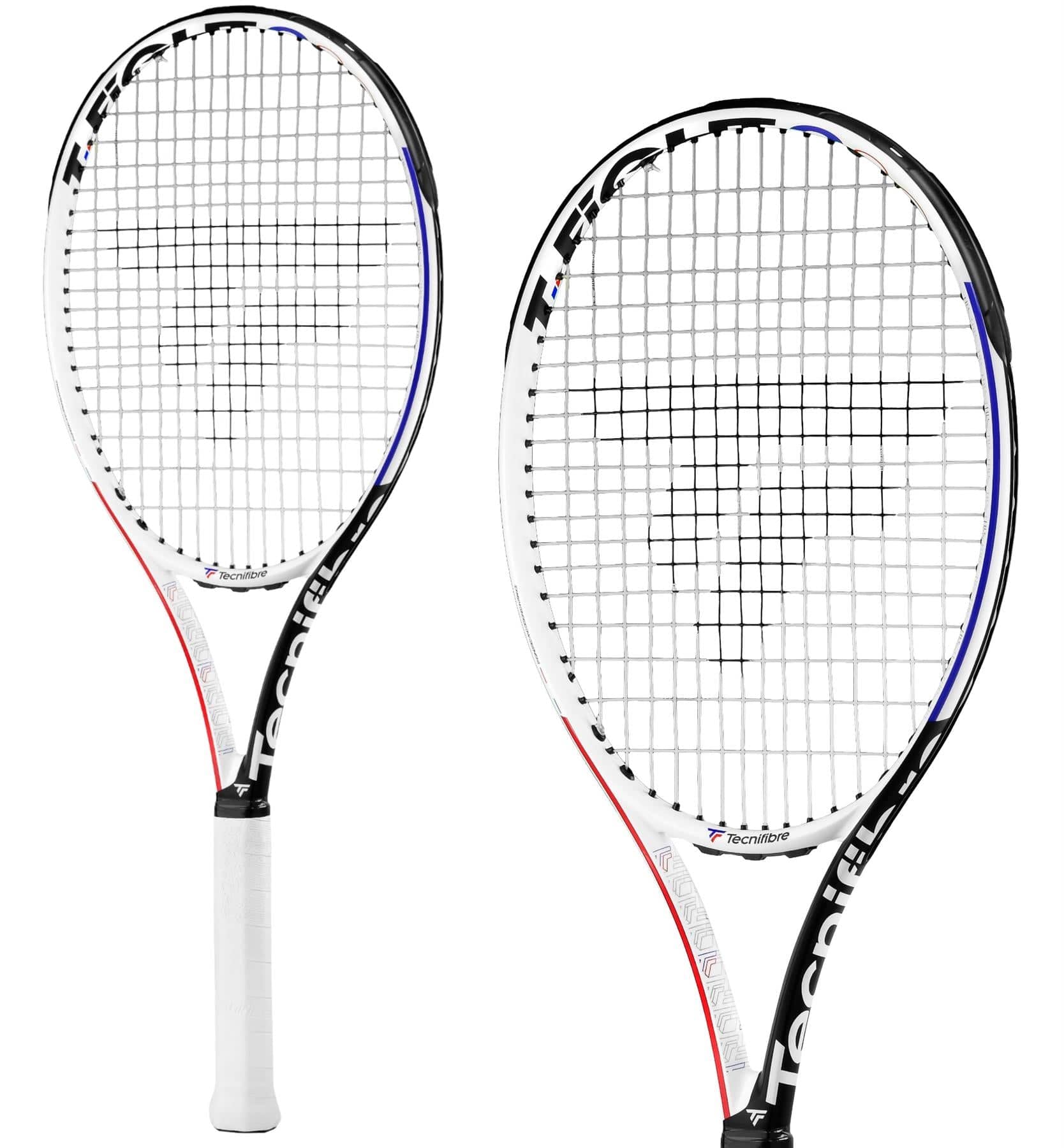 On a white background, two Tecnifibre T-Fight 280 RSL tennis rackets, showcasing black and white frames with blue highlights and equipped with white grips on black handles, are arranged facing each other.