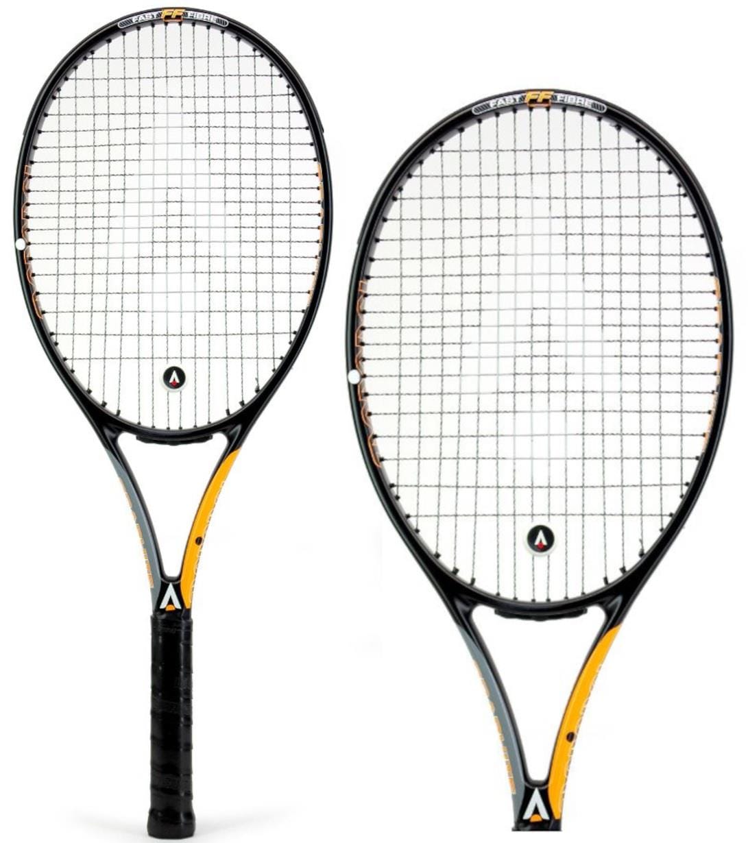 Two Karakal Graphite Pro 280 tennis rackets, featuring black and yellow frames with white strings, are displayed against a plain background. These lightweight rackets prominently display the Karakal logo on the throat, highlighting their Fast Fibre Nano Graphite Gel composition.