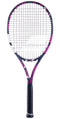 The Babolat Boost Aero Pink 260g Tennis Racket (Strung) is a lightweight graphite tennis racket by Babolat. It features a sleek pink and black design, complete with a black grip and white strings displaying the iconic stylized "B." The frame is elegantly accented with pink and white on a sophisticated black background.