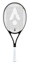 The Karakal Pro Composite Tennis Racket - Black / White by Karakal, ideal for beginner to intermediate players, features a sleek black frame with a white grip. Its tightly woven string pattern on a plain white background highlights the graphite composite construction for improved performance.