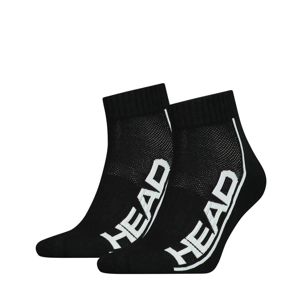 A pair from the HEAD Stripe Quarter Tennis Socks (2 Pack) in black, showcasing bold white "HEAD" lettering along the side. These socks offer cushioned soles and ribbed cuffs, featuring a mesh-like texture on top for breathability and added arch support for enhanced comfort.