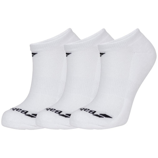 Three pairs of Babolat Invisible Trainer Socks in white are displayed side by side. Each sock, adorned with a black logo near the toe, is designed for breathability and includes a support band to enhance comfort. The design is simple and athletic, making them ideal for casual wear.