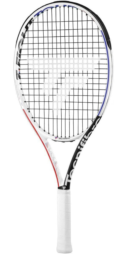 The Tecnifibre T-Fight 26 Tour Junior Tennis Racket offers advanced performance technology with a sleek graphite construction. It showcases a striking white and black design, complete with a grid pattern on the strings, the TecniFibre logo, and eye-catching red and blue accents on the frame. The handle is expertly wrapped in white grip tape for enhanced comfort.