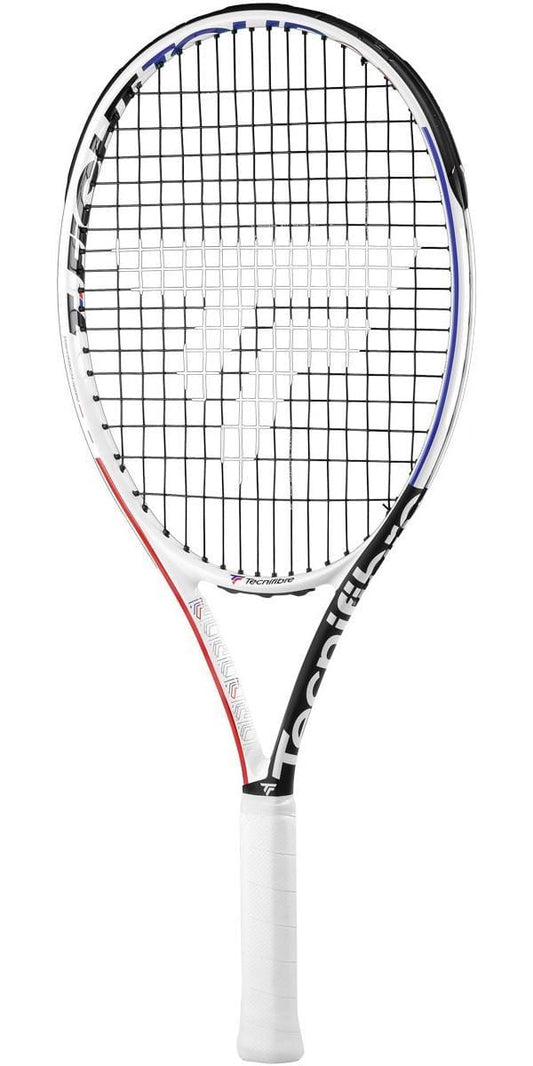 The Tecnifibre T-Fight 26 Tour Junior Tennis Racket offers advanced performance technology with a sleek graphite construction. It showcases a striking white and black design, complete with a grid pattern on the strings, the TecniFibre logo, and eye-catching red and blue accents on the frame. The handle is expertly wrapped in white grip tape for enhanced comfort.