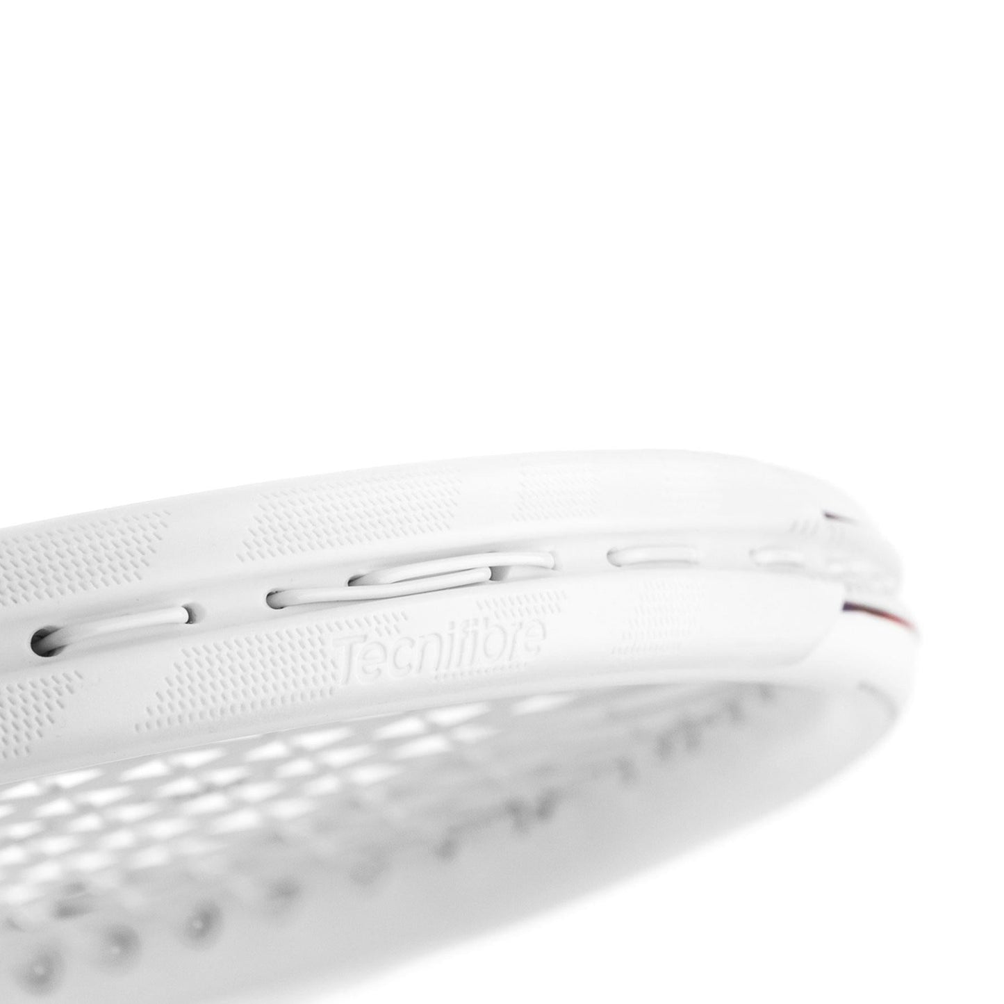 Close-up of a Tecnifibre T-Fight 305 Isoflex Tennis Racket frame in white, showcasing the string pattern and grommet holes. The "Tecnifibre" brand name is embossed on the frame, providing dynamic control. A plain white background highlights the racket's sleek design.