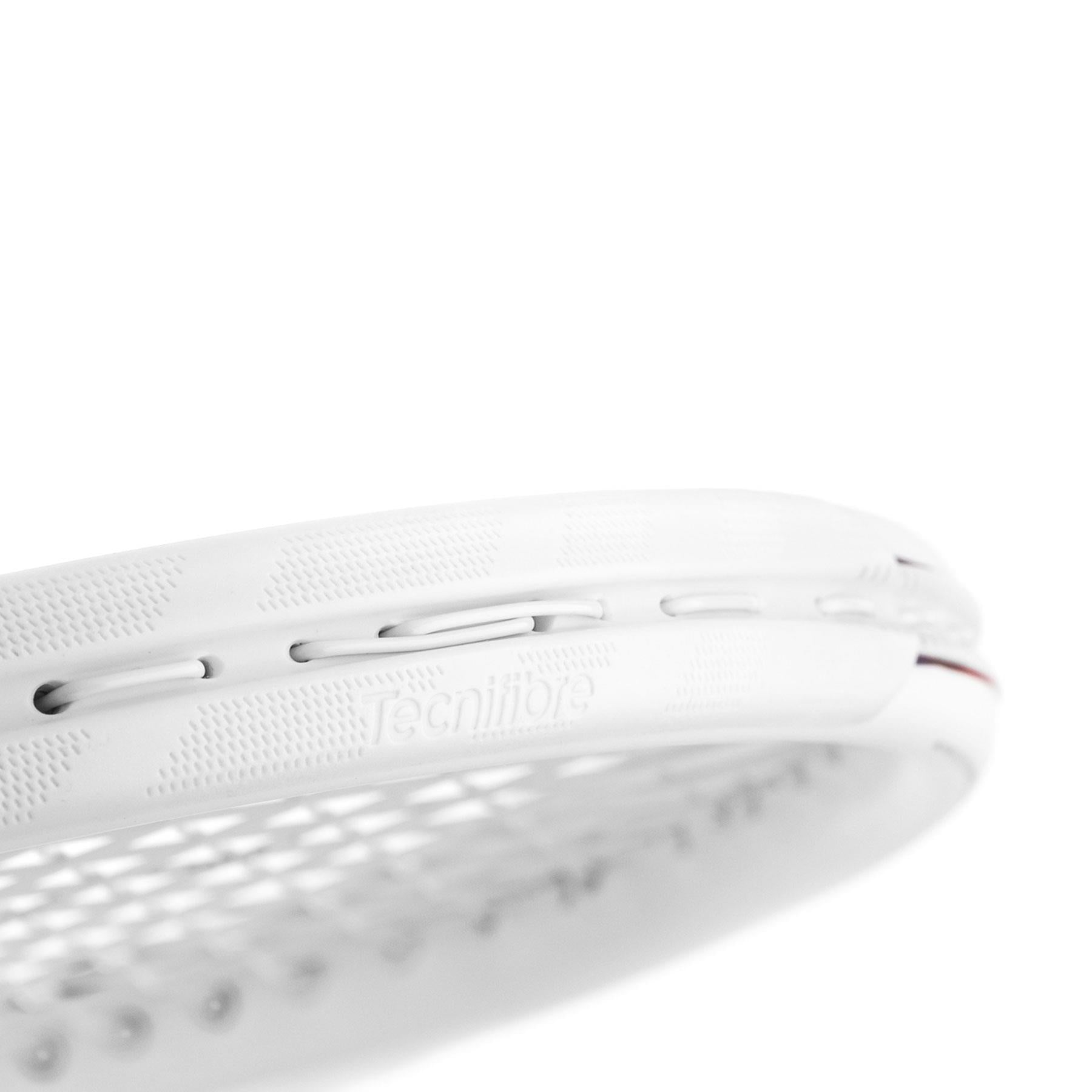 Close-up of a Tecnifibre T-Fight 305 Isoflex Tennis Racket frame in white, showcasing the string pattern and grommet holes. The "Tecnifibre" brand name is embossed on the frame, providing dynamic control. A plain white background highlights the racket's sleek design.