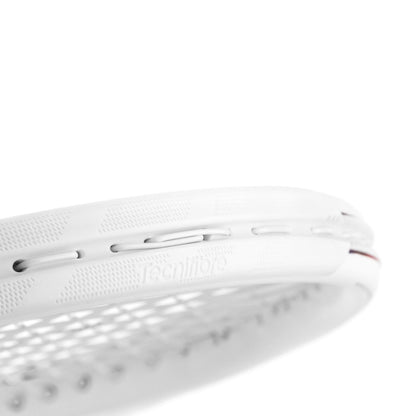 Close-up of a Tecnifibre T-Fight 305 Isoflex Tennis Racket frame in white, showcasing the string pattern and grommet holes. The "Tecnifibre" brand name is embossed on the frame, providing dynamic control. A plain white background highlights the racket's sleek design.