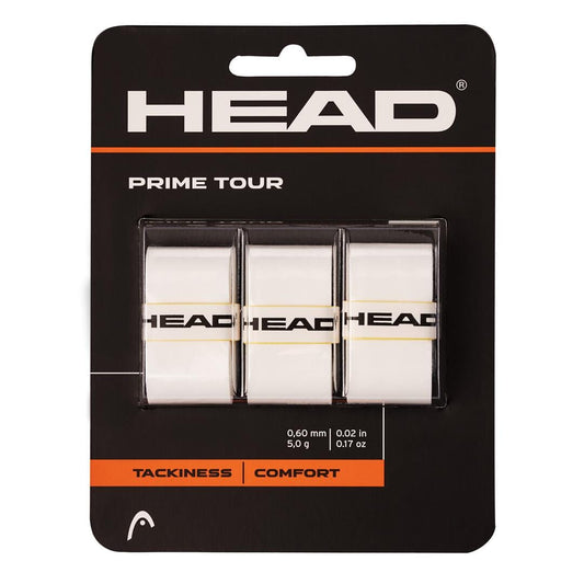 The HEAD Prime Tour Tennis Overgrip (3 Pack) - White features packaging with a black and orange design. Inside, you'll find three white grip tapes proudly displaying the "HEAD" brand name. The labels emphasize key attributes such as tackiness and comfort, promising an improved playing experience.