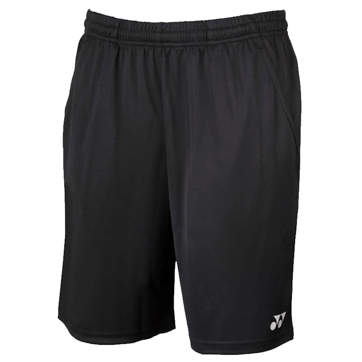 The Yonex YS2000EX Men's Shorts in black are made from sweat-absorbing polyester and feature an elastic waistband along with convenient side pockets, highlighted by a discreet logo on the lower left leg.