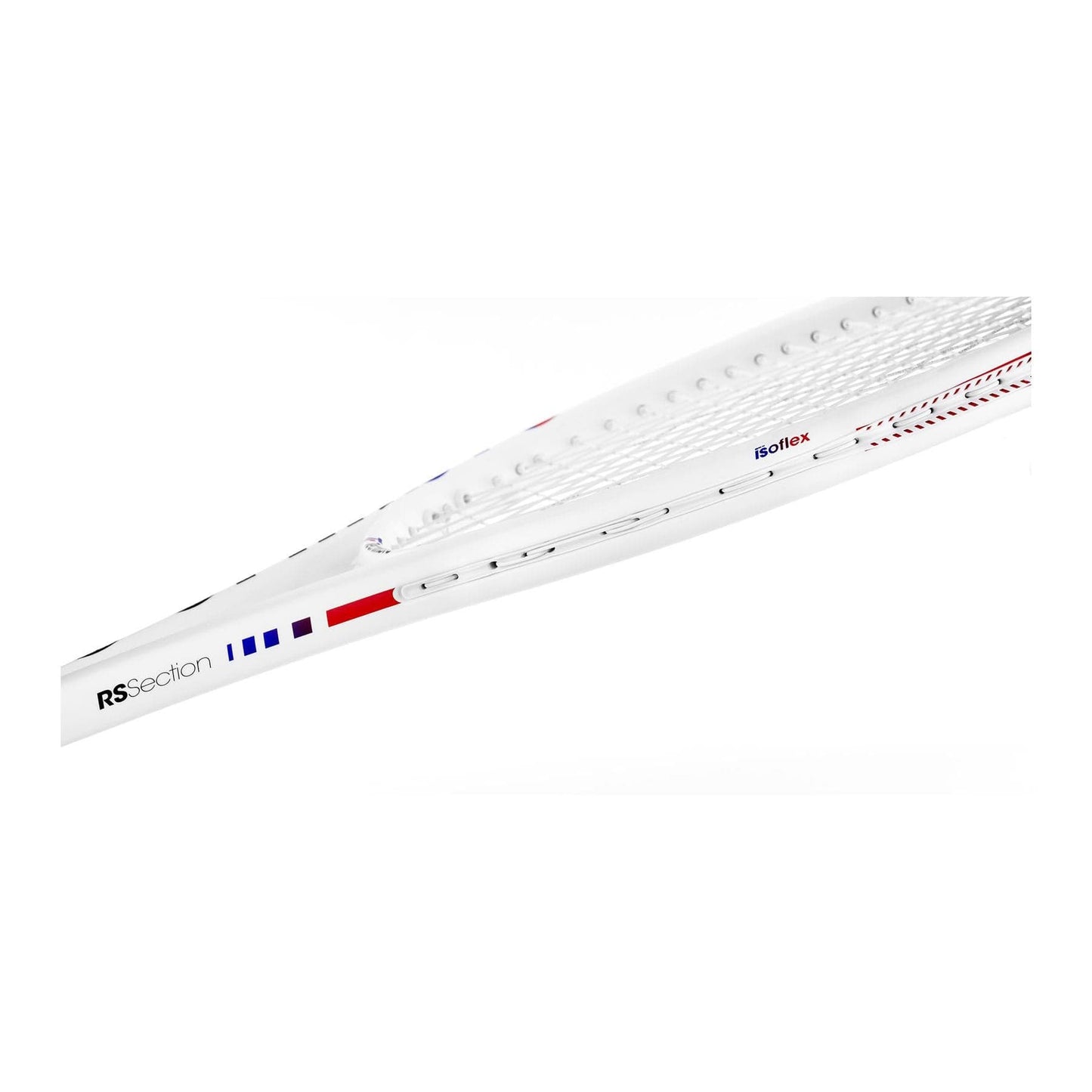 Close-up of a white Tecnifibre T-Fight 305 Isoflex tennis racket frame, adorned with red and blue accents that evoke the dynamic control characteristic of its design. The mentions of "RS Section" and "Boltex" underscore the streamlined look and string pattern, with the racket photographed against a white background.