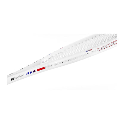 Close-up of a white Tecnifibre T-Fight 305 Isoflex tennis racket frame, adorned with red and blue accents that evoke the dynamic control characteristic of its design. The mentions of "RS Section" and "Boltex" underscore the streamlined look and string pattern, with the racket photographed against a white background.